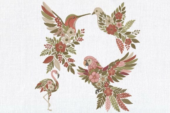 Set of 4 Floral Tropical Birds